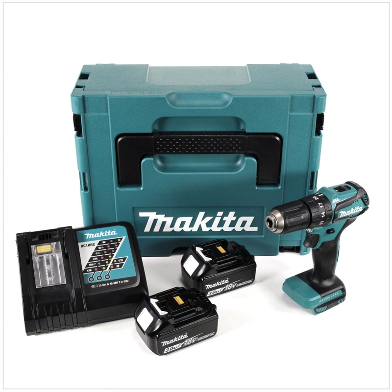 Taladro percutor inalmbrico Makita DHP 483 RFJ 18V 40Nm + 2x batera 3,0 Ah + cargador + Makpac