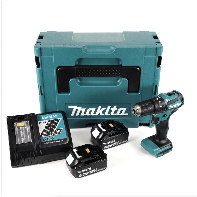 Taladro percutor inalmbrico Makita DHP 483 RMJ 18V 40Nm en Makpac + 2 bateras de 4,0 Ah + cargador