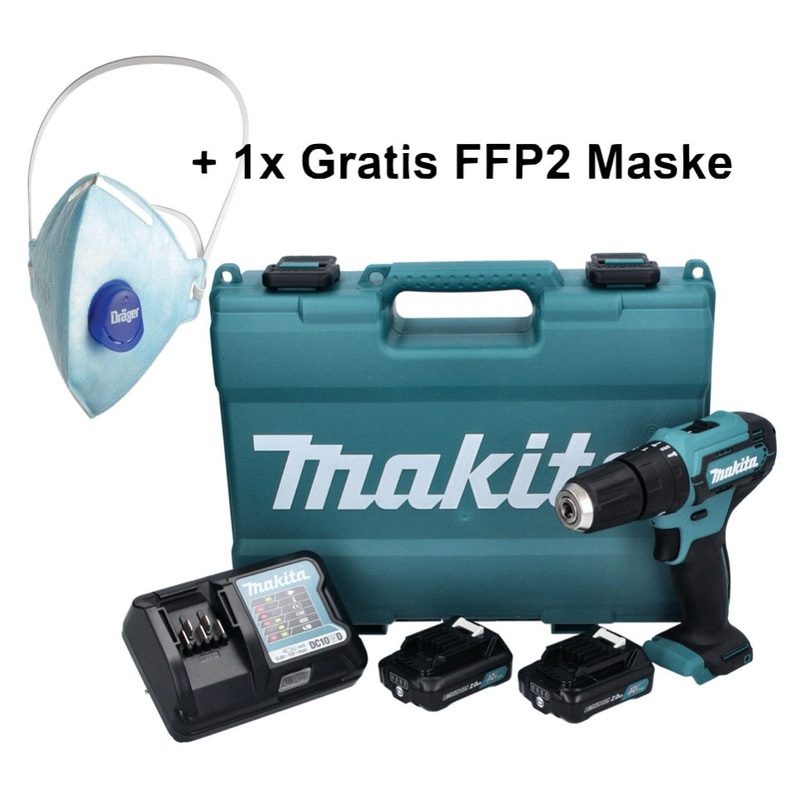 Taladro percutor inalmbrico Makita HP 333 DWAE 12 V 30 Nm + 2x batera 2.0 Ah + cargador + 1x mscara FFP2 + estuche