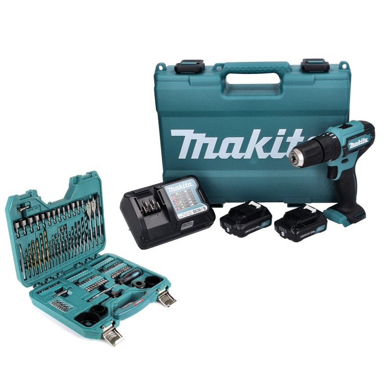 Taladro percutor inalmbrico Makita HP 333 DWAE 12 V 30 Nm + 2x batera 2.0 Ah + cargador + juego de brocas de 101 piezas + maletn