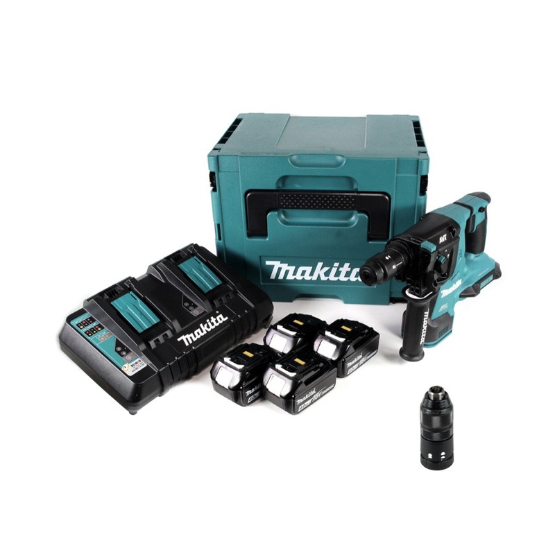 Taladro percutor inalmbrico sin escobillas Makita DHR 281 PM4J 28 mm 2x 18 V para SDS-PLUS con portabrocas de cambio rpido en Makpac + 4x batera de 4,0 Ah + cargador doble