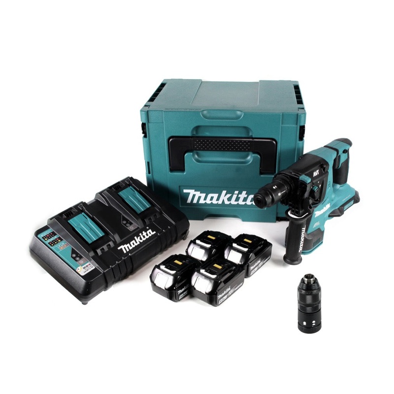 Taladro percutor inalmbrico sin escobillas Makita DHR 281 PT4J 28 mm 2x 18 V para SDS-PLUS con portabrocas de cambio rpido en Makpac + 4x batera de 5,0 Ah + cargador doble