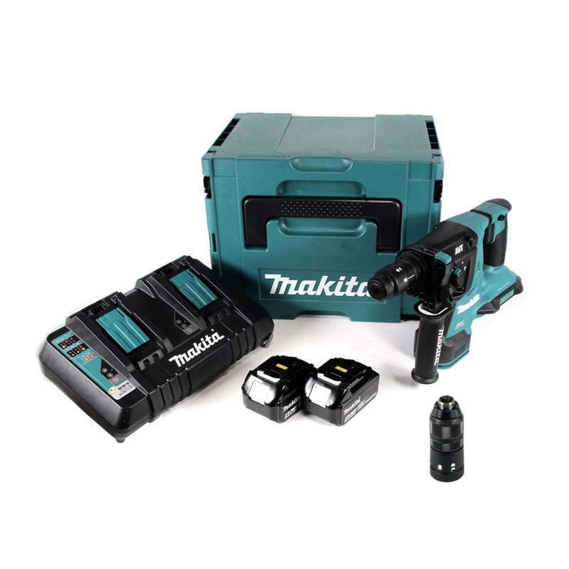 Taladro percutor inalmbrico sin escobillas Makita DHR 281 PTJ 28 mm 2x 18 V para SDS-PLUS con portabrocas de cambio rpido en Makpac + 2x batera de 5,0 Ah + cargador doble
