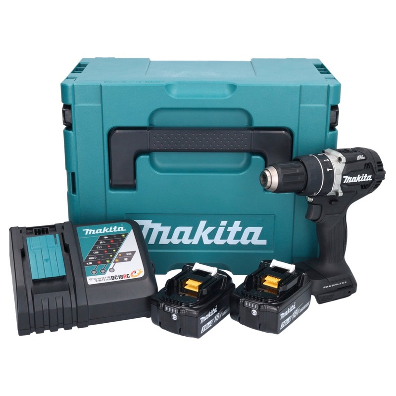 Makita DHP 484 RFJB Taladro percutor inalmbrico 18 V 54 Nm Brushless Negro + 2x Batera 3.0 Ah + Cargador + Makpac