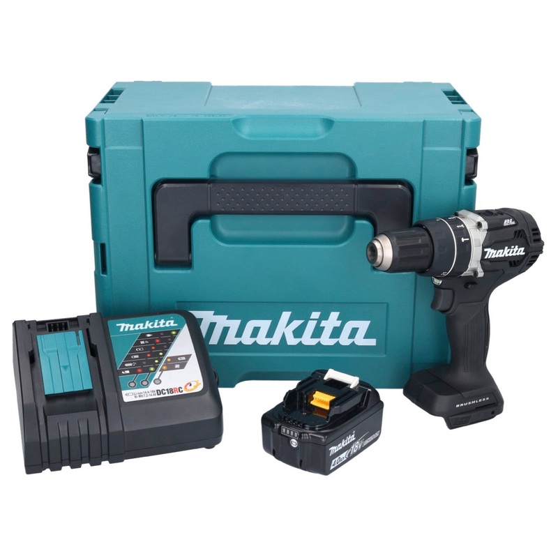 Makita DHP 484 RM1JB Taladro de impacto inalmbrico 18 V 54 Nm Brushless Negro + 1x Batera 4.0 Ah + Cargador + Makpac