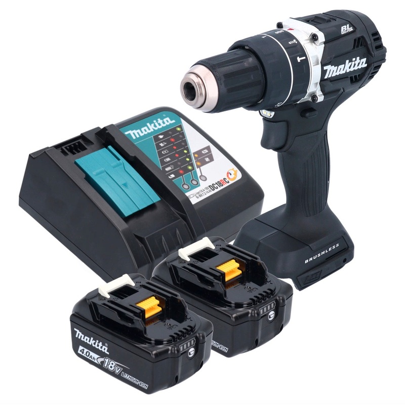 Makita DHP 484 RMB Taladro percutor inalmbrico 18 V 54 Nm Brushless Negro + 2x Batera 4.0 Ah + Cargador
