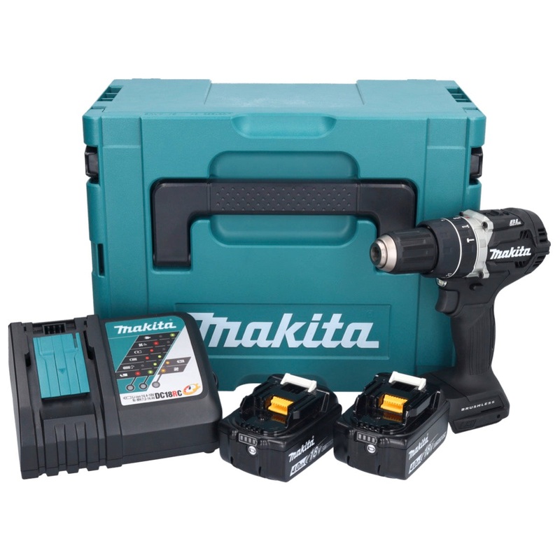 Makita DHP 484 RMJB Taladro de impacto inalmbrico 18 V 54 Nm Brushless Negro + 2x Batera 4.0 Ah + Cargador + Makpac