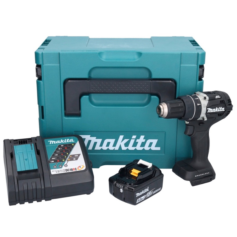 Makita DHP 484 RT1JB Taladro de impacto inalmbrico 18 V 54 Nm Brushless Negro + 1x Batera 5.0 Ah + Cargador + Makpac