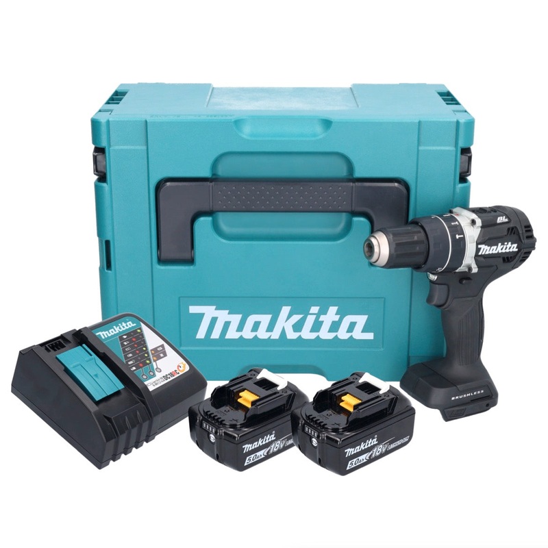 Makita DHP 484 RTJB Taladro de impacto inalmbrico 18 V 54 Nm Brushless Negro + 2x Batera 5.0 Ah + Cargador + Makpac