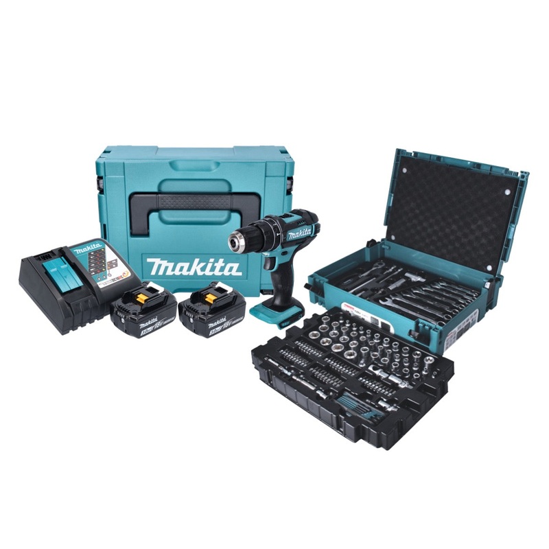 Taladro de impacto inalmbrico Makita DHP 482 JX13 18 V 62 Nm + 2x batera 3.0 Ah + cargador + juego de herramientas de 120 piezas + Makpac