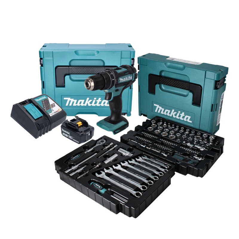 Taladro de impacto inalmbrico Makita DHP 482 RF1J 18 V + juego de accesorios de 120 piezas + 1x batera 3.0 Ah + cargador + Makpac