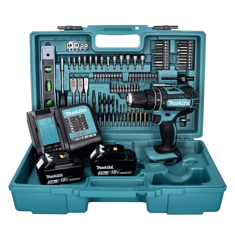 Taladro de impacto inalmbrico Makita DHP 482 SF2X5 18 V 62 Nm + 2x batera 3.0 Ah + cargador + juego de accesorios de 101 piezas + maletn