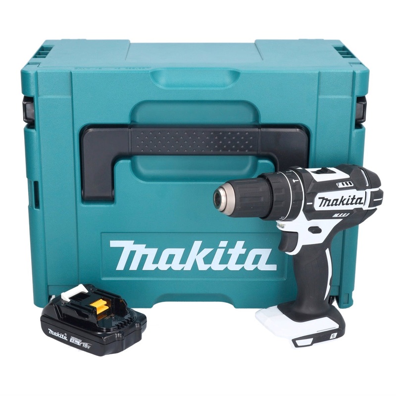 Taladro de impacto inalmbrico Makita DHP 482 Y1JW 18 V 62 Nm blanco + 1x batera 1.5 Ah + Makpac - sin cargador