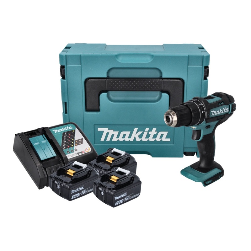 Taladro percutor inalmbrico Makita DHP 482 RF3J 18 V 62 Nm + 3x batera 3.0 Ah + cargador + Makpac