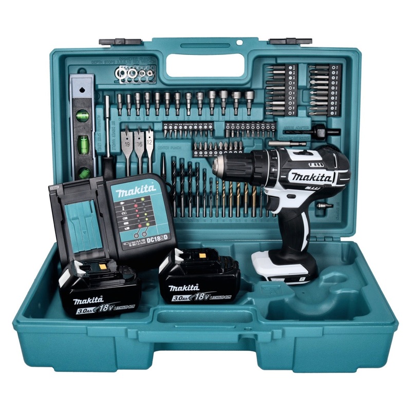 Taladro percutor inalmbrico Makita DHP 482 SF2X5W 18 V 62 Nm blanco + 2x batera 3.0 Ah + cargador + set de accesorios de 101 piezas + maletn