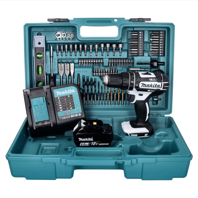 Taladro percutor inalmbrico Makita DHP 482 SGX5W 18 V 62 Nm blanco + 1x batera 6.0 Ah + cargador + set de accesorios de 101 piezas + maletn
