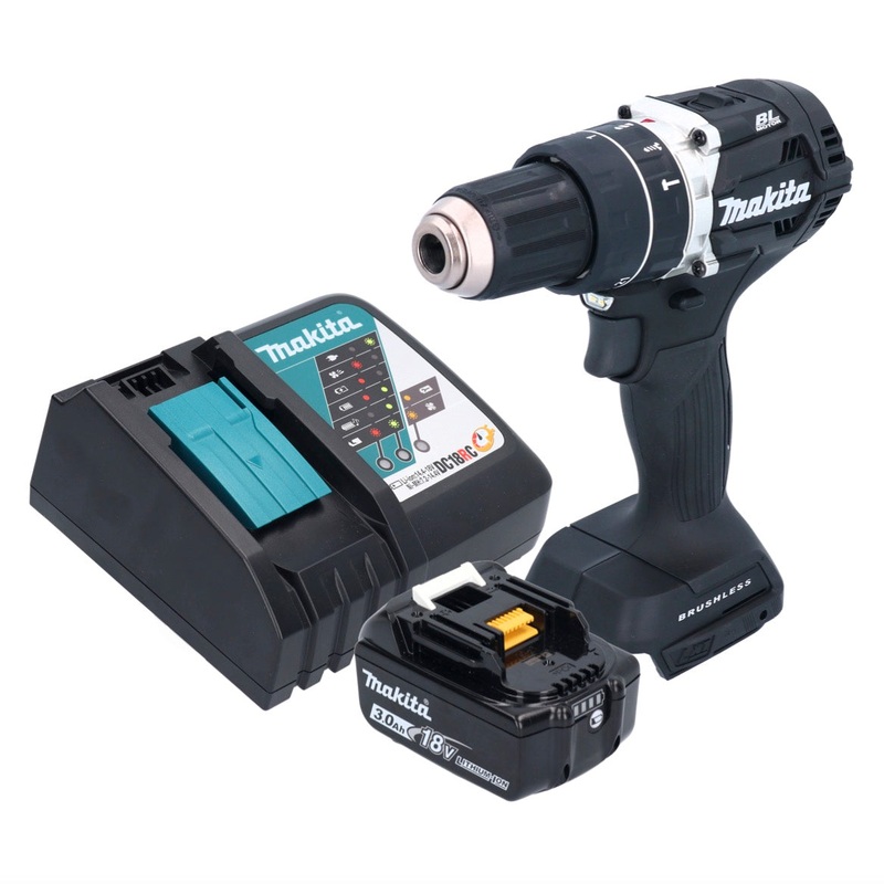 Taladro percutor inalmbrico Makita DHP 484 RF1B 18 V 54 Nm sin escobillas negro + 1x batera 3.0 Ah + cargador