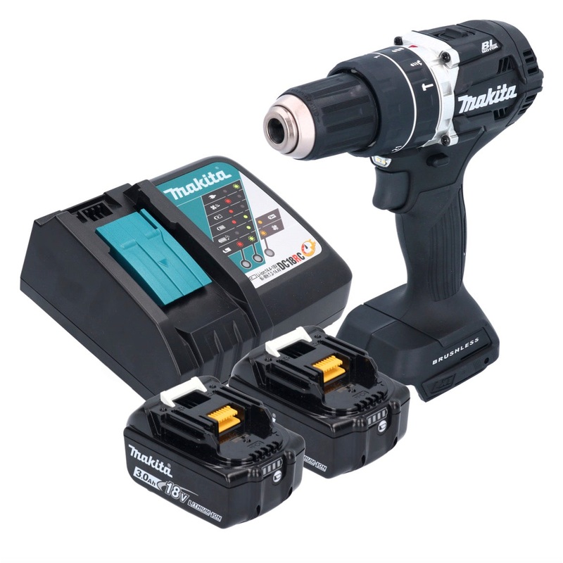 Taladro percutor inalmbrico Makita DHP 484 RFB 18 V 54 Nm sin escobillas negro + 2x batera 3.0 Ah + cargador