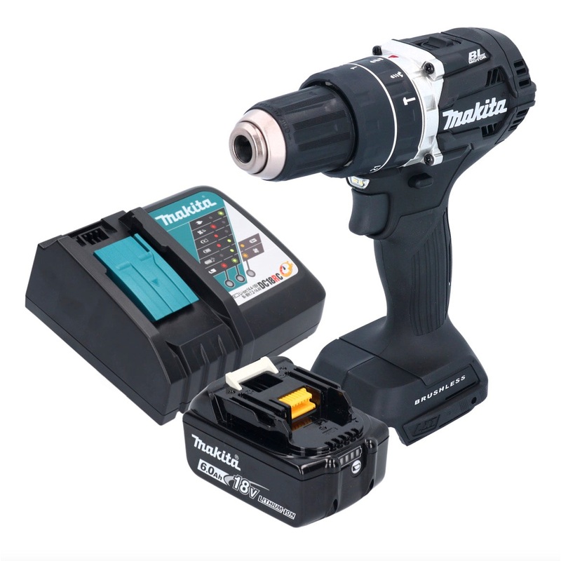 Taladro percutor inalmbrico Makita DHP 484 RG1B 18 V 54 Nm sin escobillas negro + 1x batera 6.0 Ah + cargador