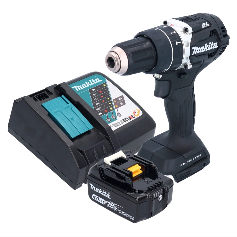 Taladro percutor inalmbrico Makita DHP 484 RM1B 18 V 54 Nm sin escobillas negro + 1x batera 4.0 Ah + cargador
