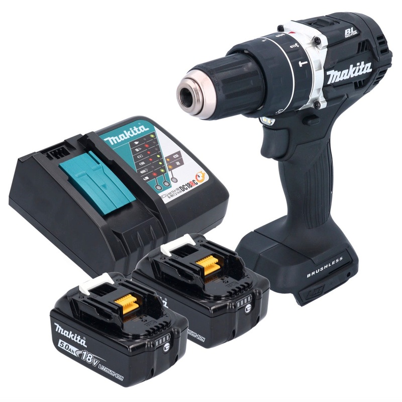 Taladro percutor inalmbrico Makita DHP 484 RTB 18 V 54 Nm sin escobillas negro + 2x batera 5.0 Ah + cargador
