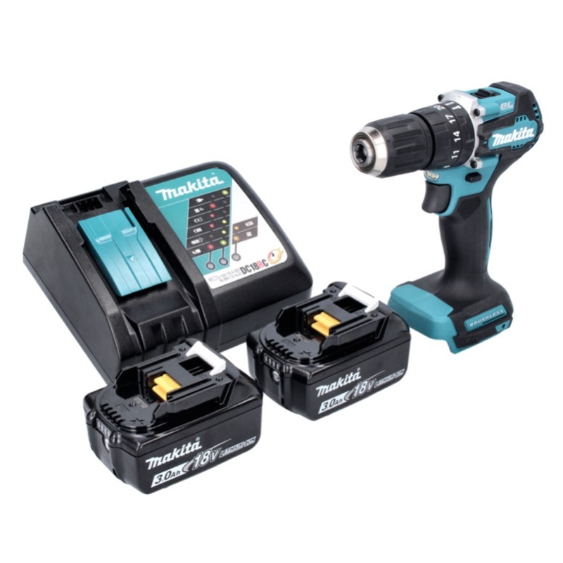 Taladro percutor inalmbrico Makita DHP 487 RF 18 V 40 Nm sin escobillas + 2x batera 3.0 Ah + cargador