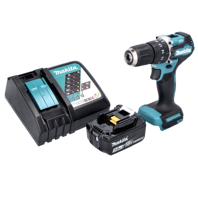 Taladro percutor inalmbrico Makita DHP 487 RF1 18 V 40 Nm sin escobillas + 1x batera 3.0 Ah + cargador