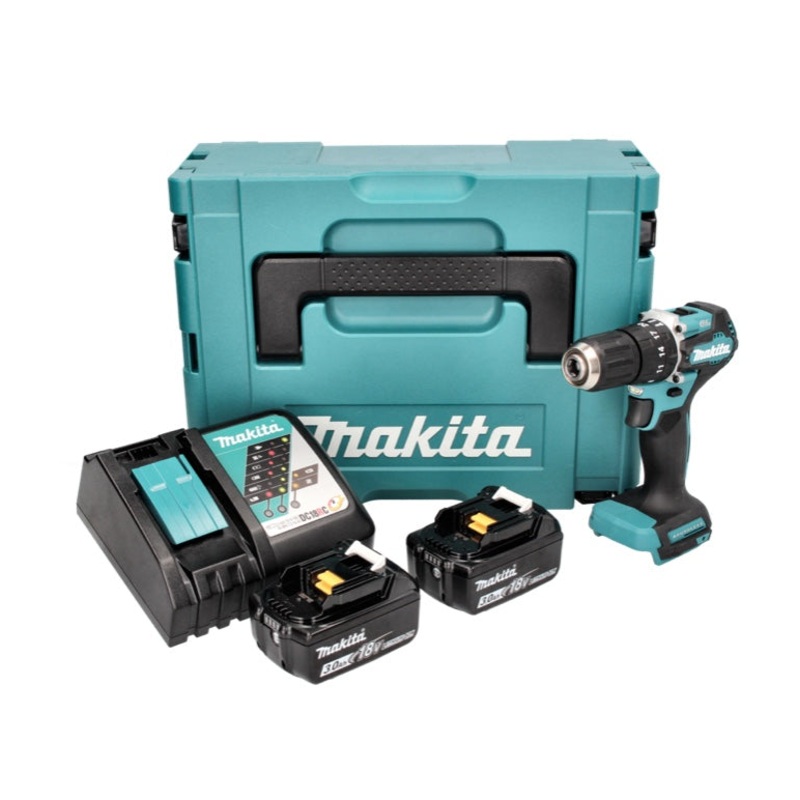 Taladro percutor inalmbrico Makita DHP 487 RFJ 18 V 40 Nm sin escobillas + 2x batera 3.0 Ah + cargador + Makpac