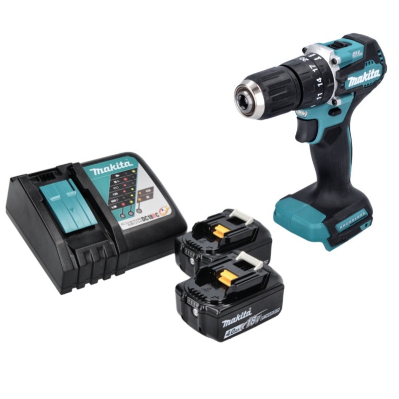 Taladro percutor inalmbrico Makita DHP 487 RM 18 V 40 Nm sin escobillas + 2x batera 4.0 Ah + cargador