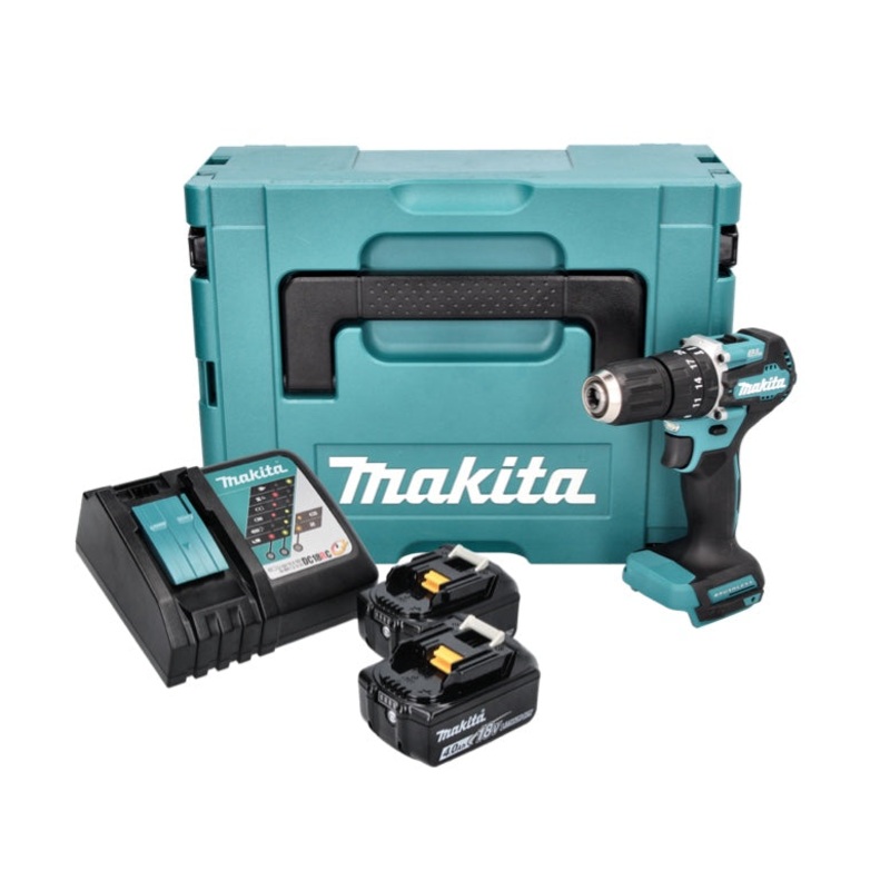 Taladro percutor inalmbrico Makita DHP 487 RMJ 18 V 40 Nm sin escobillas + 2x batera 4.0 Ah + cargador + Makpac