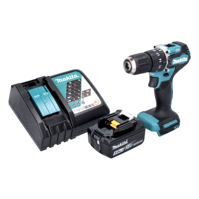 Taladro percutor inalmbrico Makita DHP 487 RT1 18 V 40 Nm sin escobillas + 1x batera 5.0 Ah + cargador