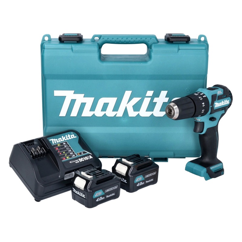 Taladro percutor inalmbrico Makita HP 332 DSME 12 V 35 Nm brushless + 2x batera 4.0 Ah + cargador + maletn