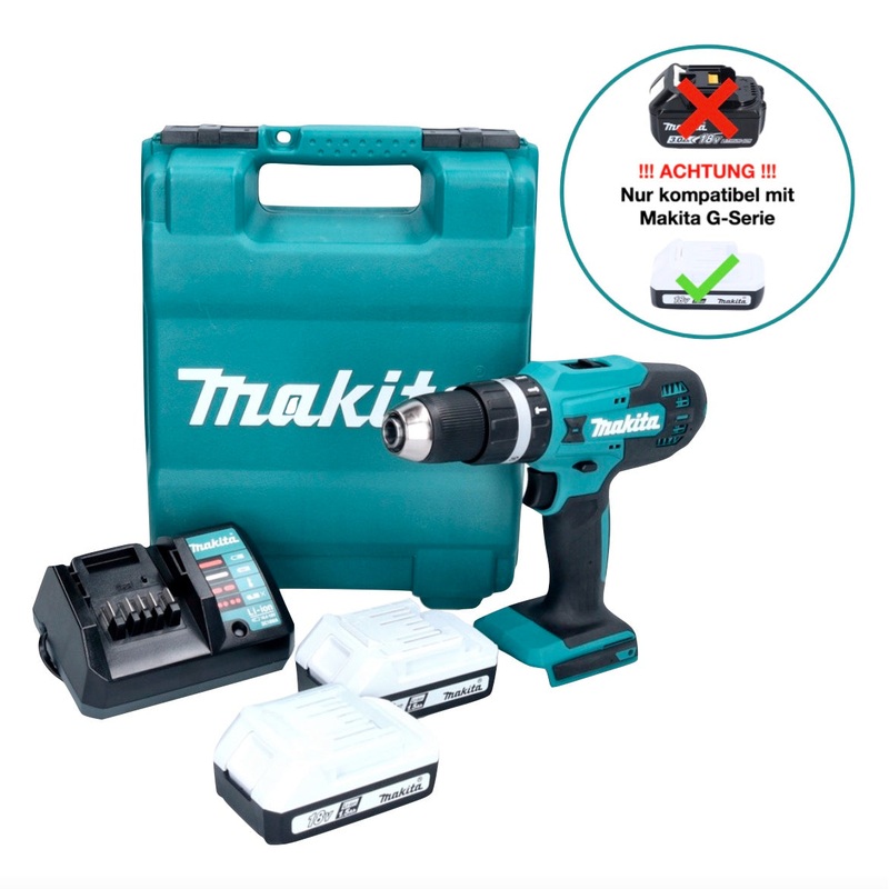 Taladro percutor inalmbrico Makita HP 488 D002 18 V 42 Nm Serie G + 2x Bateras 1.5 Ah + Cargador + Maletn