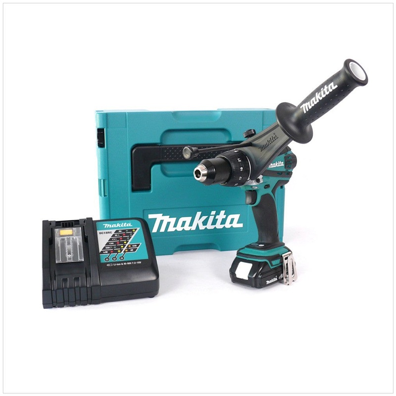 Makita DHP 458 RA1J taladro percutor inalmbrico 18 V 91 Nm + 1x batera 2,0 Ah + cargador + Makpac