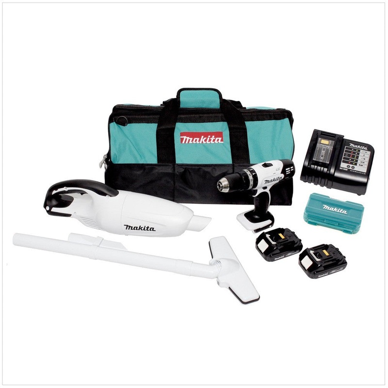 Makita DLX 2056 SYW 18 V - Set Blanco: DHP 453 + DCL 180 + 2 bateras de 1,5 Ah, cargador en bolsa de herramientas