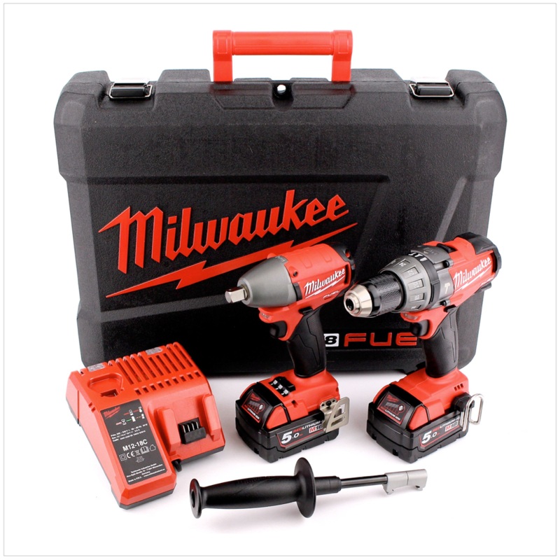 Milwaukee M18 PP2B-502C juego de taladro percutor inalmbrico + llave de impacto 18 V incl. 2 bateras de 5 Ah, cargador, maletn