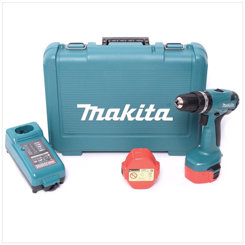Taladro percutor inalmbrico Makita 8281 DWAE de 14,4 V con 2 bateras de 1,9 Ah, cargador en estuche