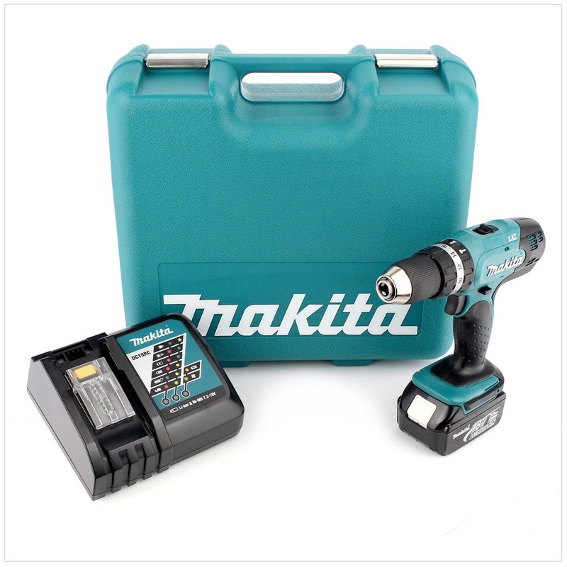 Taladro percutor inalmbrico Makita BHP 453 RFTK 18 V 42Nm + 1x batera 3.0Ah + cargador + maletn de herramientas 101 piezas