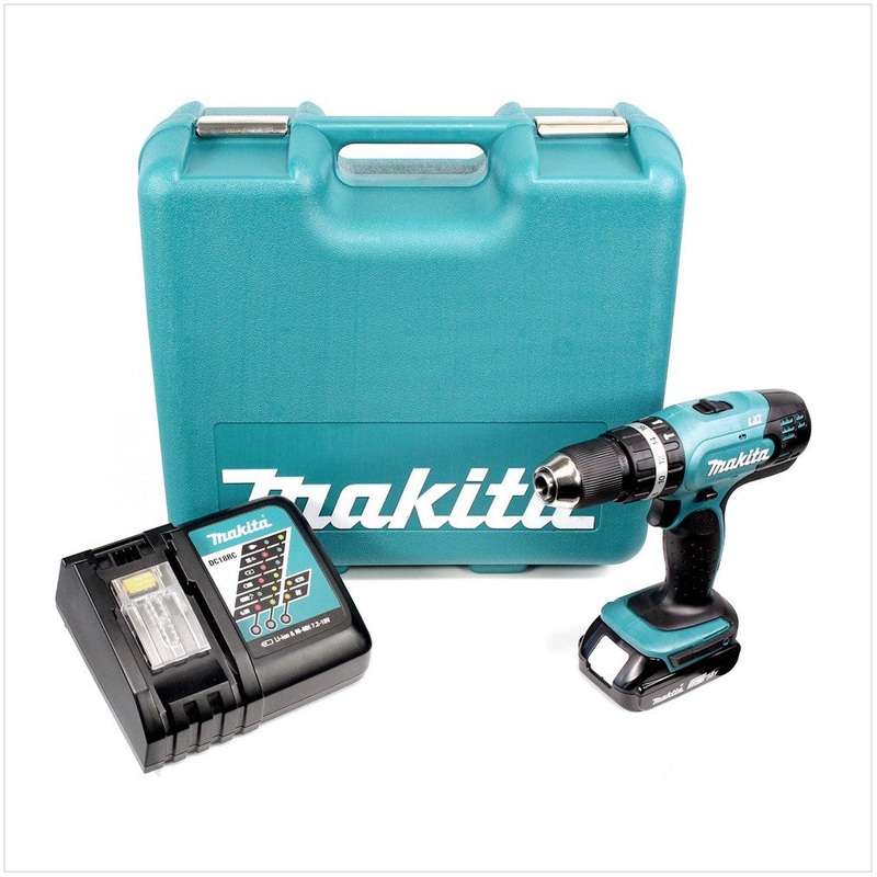 Taladro percutor inalmbrico Makita DHP 453 RA1TK 18 V 42 Nm + 1x batera 2,0 Ah + cargador + set de herramientas 101 piezas + maletn