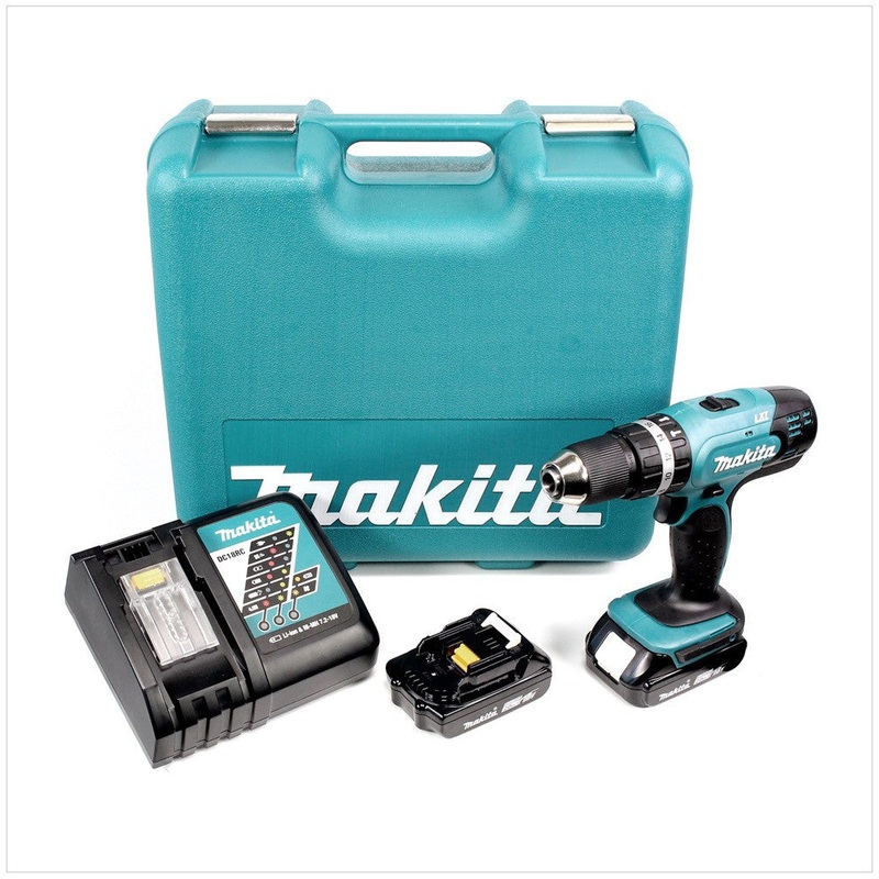 Taladro percutor inalmbrico Makita DHP 453 RATK 18 V 42 Nm + 2x bateras 2,0 Ah + cargador + set de herramientas 101 piezas + maletn