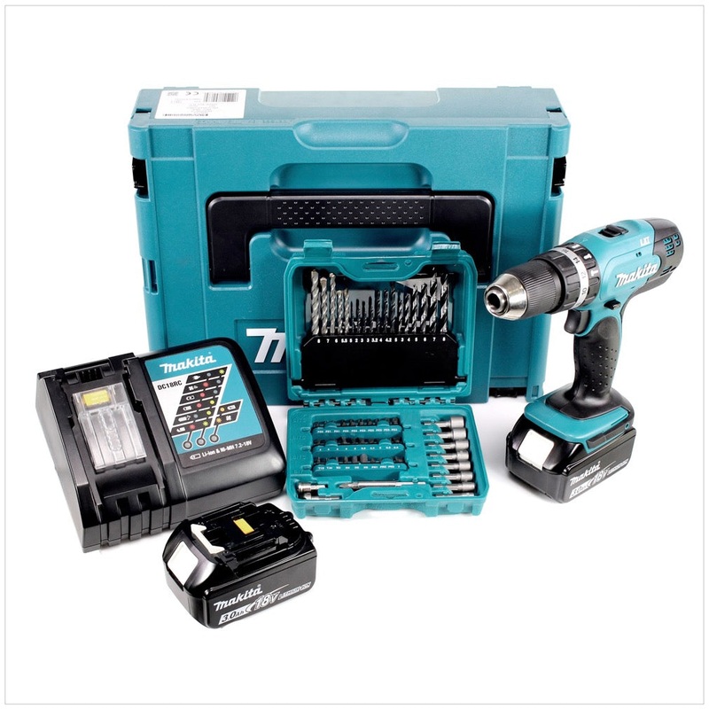 Taladro percutor inalmbrico Makita DHP 453 RFJ 18 V 42 Nm en MAKPAC + 2 bateras de 3 Ah + cargador + juego de brocas y brocas de 60 piezas