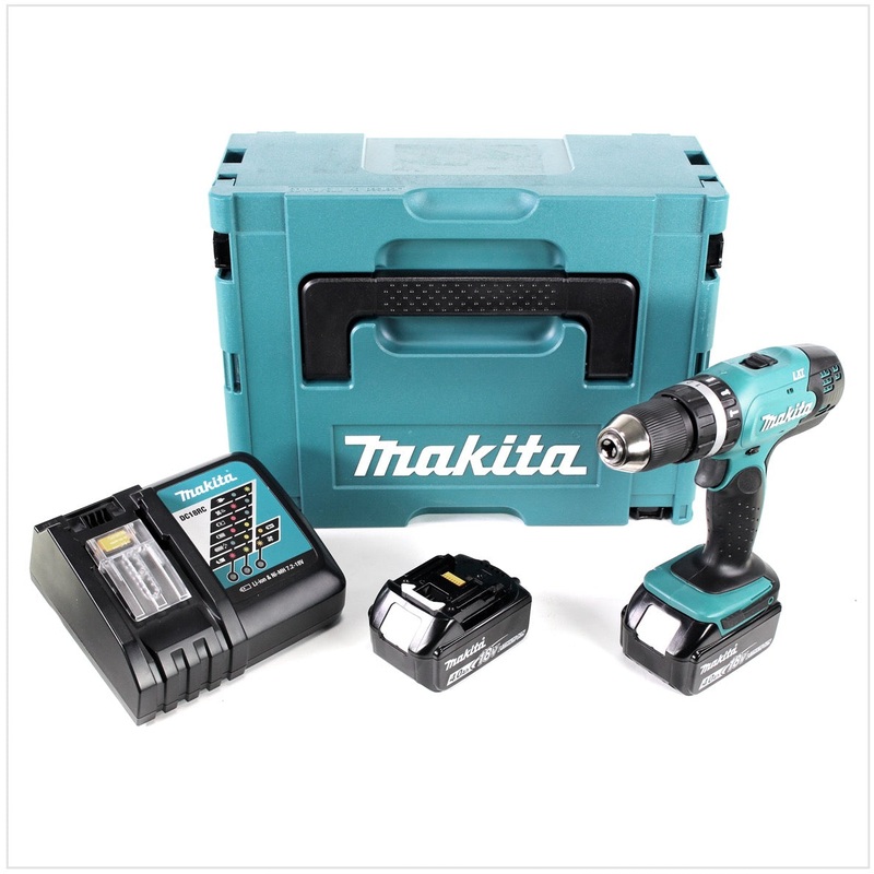 Taladro percutor inalmbrico Makita DHP 453 RMJ 18 V 42 Nm en Makpac con 2 bateras de 4,0 Ah y cargador