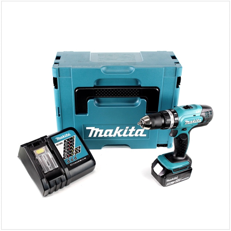 Taladro percutor inalmbrico Makita DHP 453 RT1J 18 V 42 Nm + 1x batera 5,0 Ah + cargador en Makpac 2
