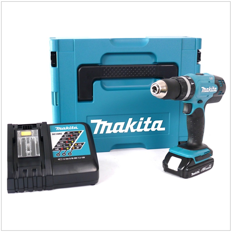 Taladro percutor inalmbrico Makita DHP 453 Y1J-D 18 V 42 Nm en MAKPAC + batera 1,5 Ah + cargador