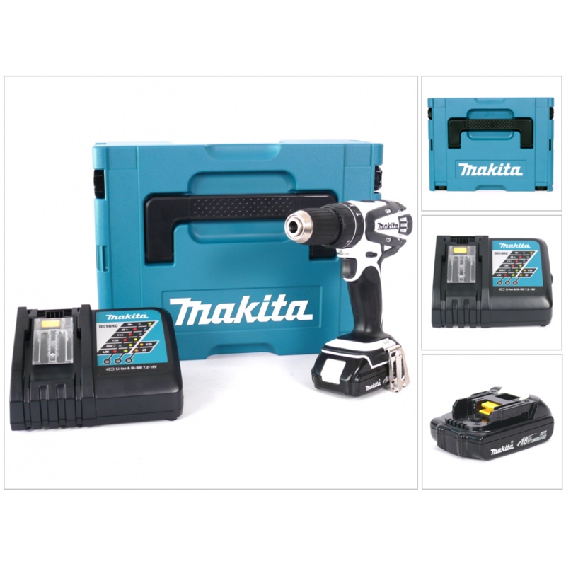 Taladro percutor inalmbrico Makita DHP 456 Y1J-D de 18 V en color blanco en MAKPAC que incluye batera BL 1815 N + cargador DC18RC