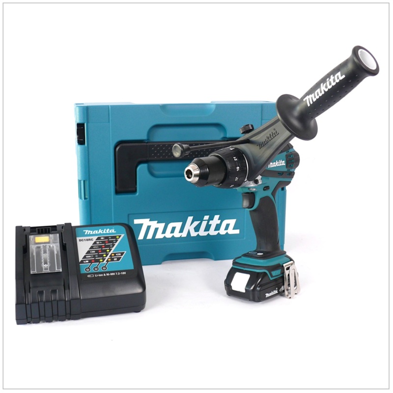 Taladro percutor inalmbrico Makita DHP 458 Y1J-D 18 V 91 Nm en Makpac + 1 batera de 1,5 Ah + cargador