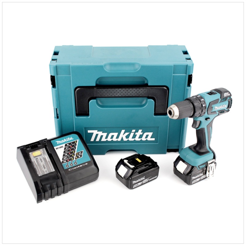 Taladro percutor inalmbrico Makita DHP 459 RTJ de 18 V en Makpac con 2 bateras de 5 Ah y cargador DC18RC