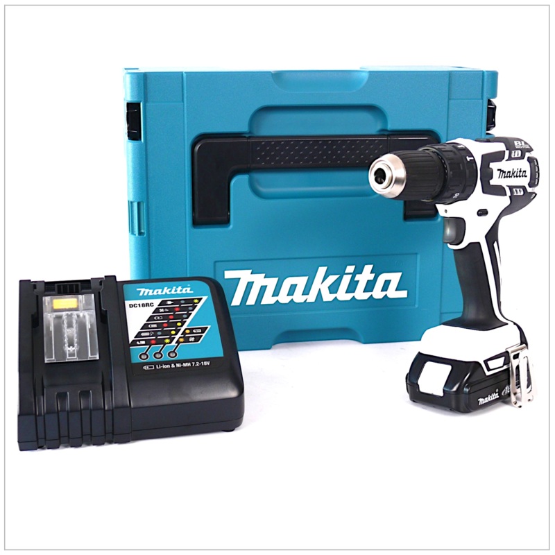 Taladro percutor inalmbrico Makita DHP 459 Y1J-D de 18 V en color blanco en MAKPAC que incluye batera BL 1815 N + cargador DC18RC
