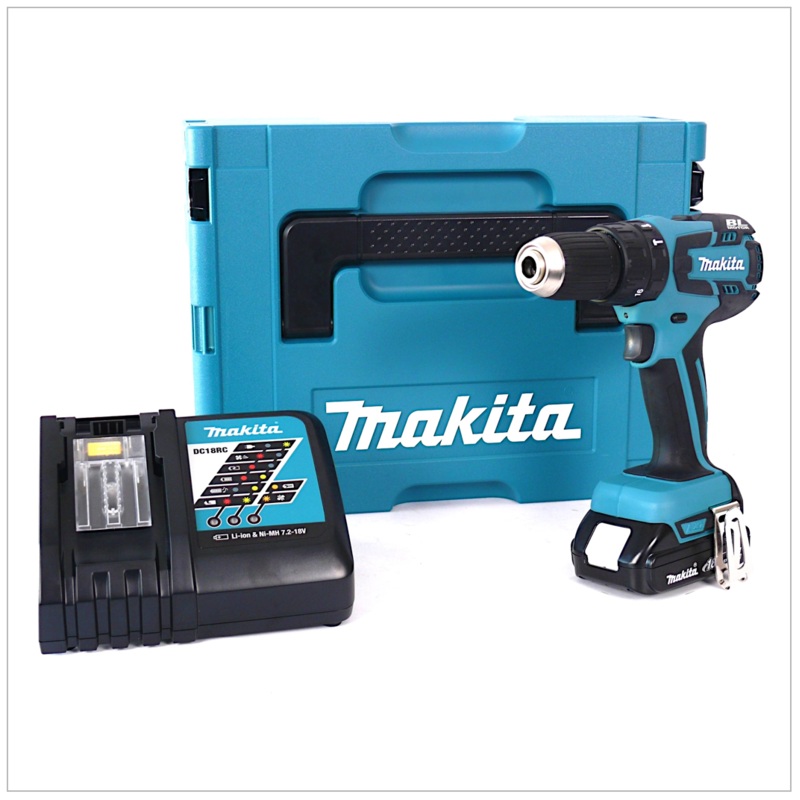 Taladro percutor inalmbrico Makita DHP 459 Y1J-D de 18 V en color verde en MAKPAC que incluye batera BL 1815 N + cargador DC18RC