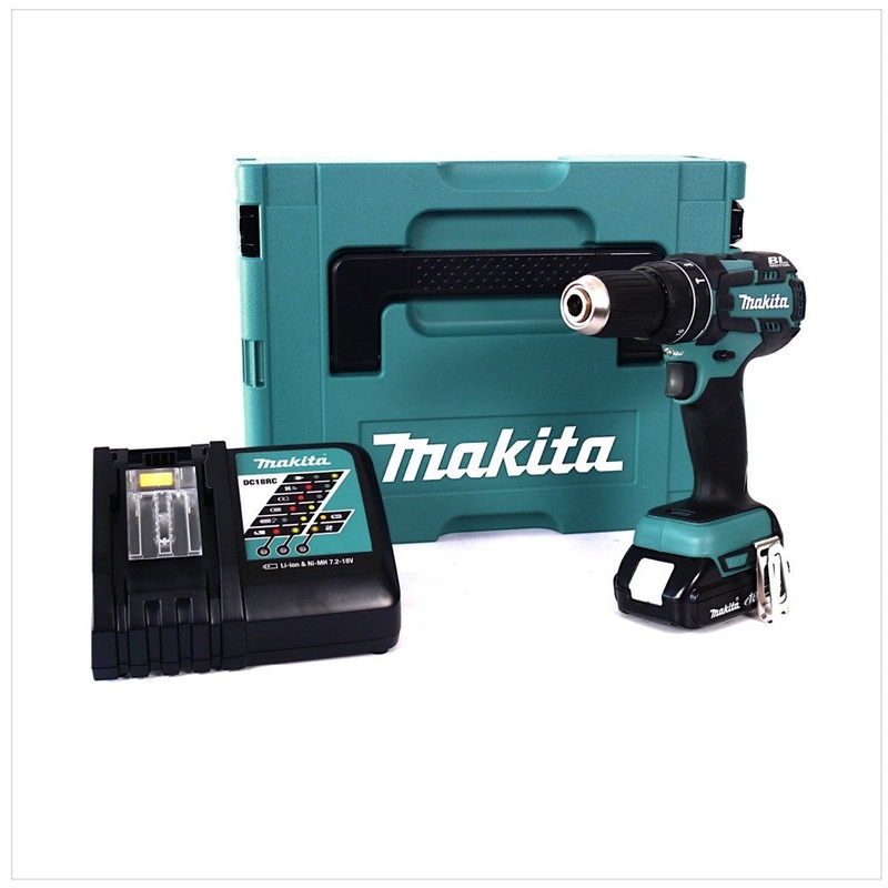 Taladro percutor inalmbrico Makita DHP 480 RA1J 18 V 54 Nm + 1x batera 2,0 Ah + cargador + Makpac